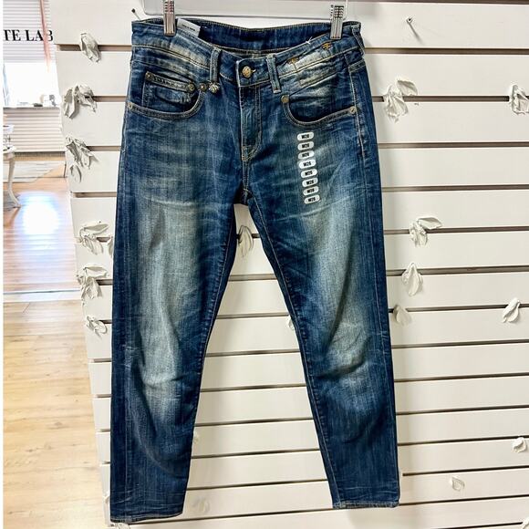 R13 Boy Mid Rise Whiskered 5 Pocket Denim Skinny Jeans Blue Women's Size W26 - Picture 2 of 9